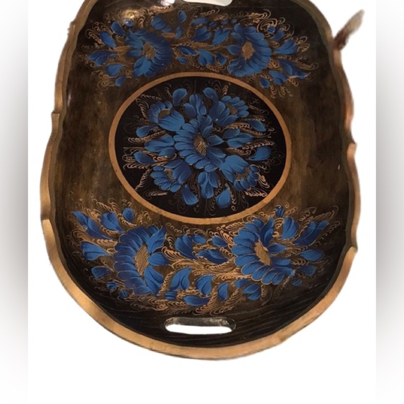 Wooden Mexican Batea Tray Blue Floral Lacquered Handmade Floral Folk A… - Picture 13 of 14